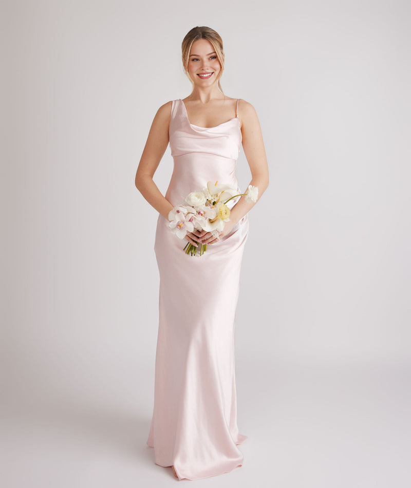 Elegant One-Shoulder Satin Formal Gown for Wedding Guest Cowl Asymmetrical Satin Bridesmaid Dress Bridesmaid Dresses Maxi Dress