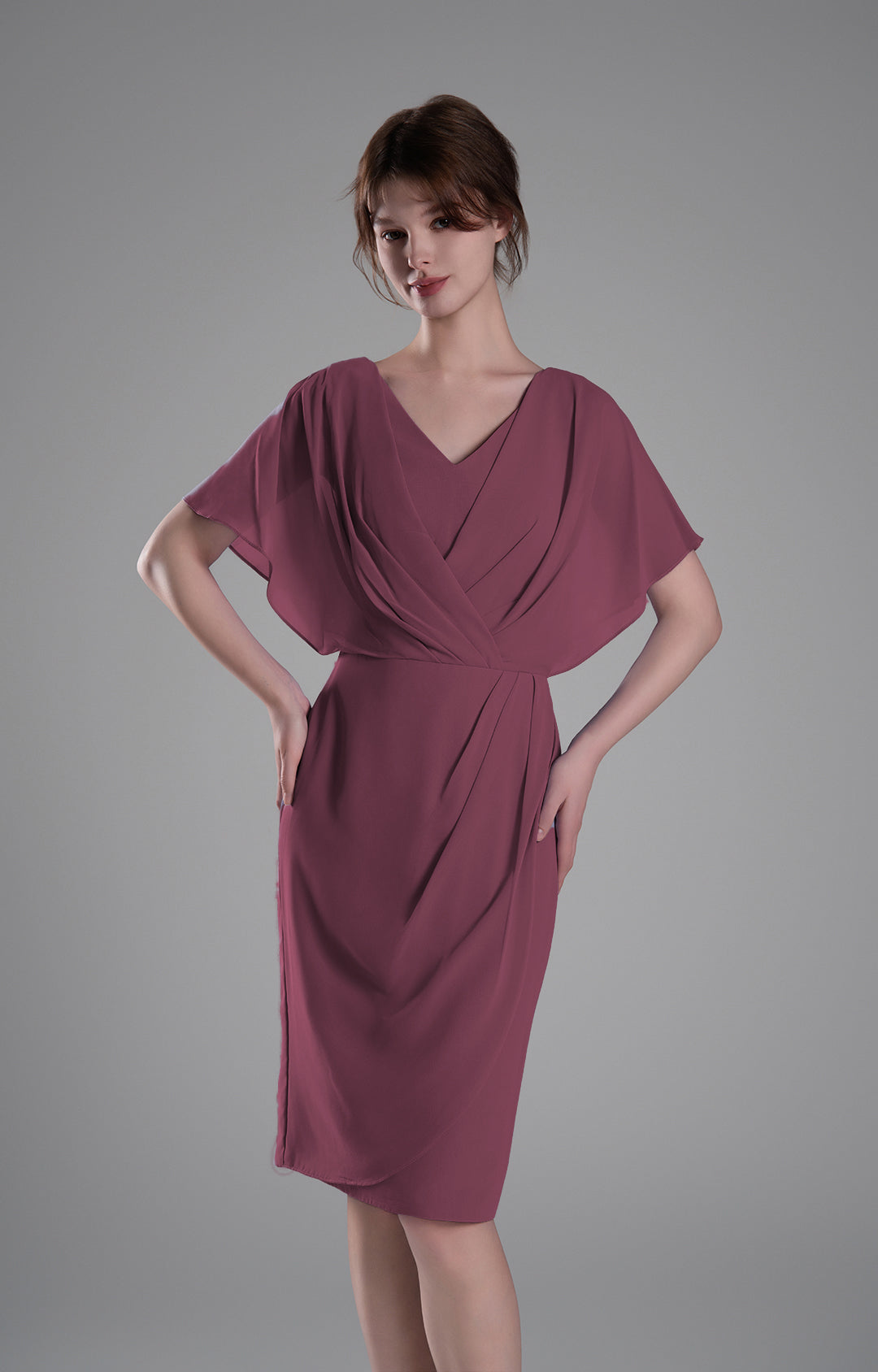 Elegant Chiffon Cocktail Dress V-Neck Pleated Cape Knee-length Flutter Sleeve Wedding Guest Dress with Ruched Waist