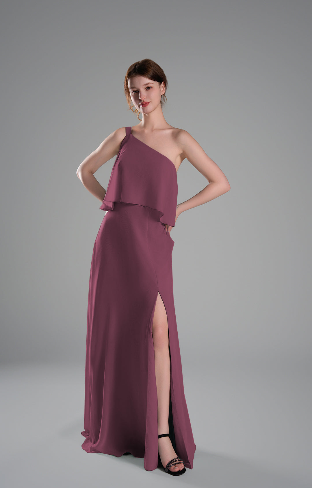 One Shoulder Chiffon Bridesmaid Dress with Slit Elegant Long Formal Evening Gown Flowing A-Line Dresses