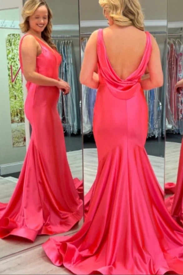 Elegant Satin V Neck Mermaid Bridesmaid Dress with Cowl Back Sweep/Brush Evening Dresses