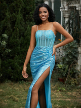 Prom Dresses Sequin Spaghetti Strap Formal Gown Corset Bodice High Slit Mermaid Maxi Dress