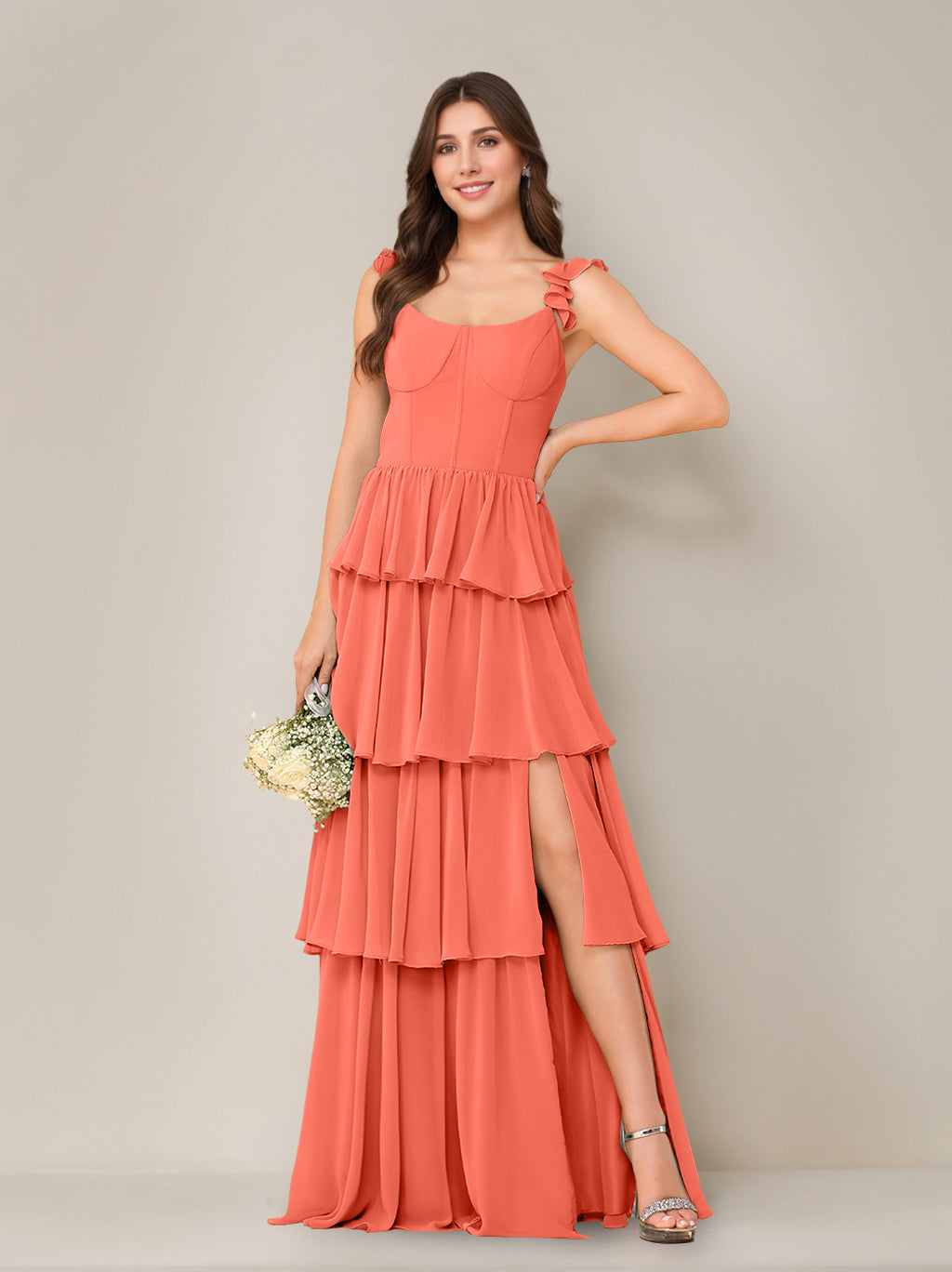 A-Line Princess Scoop Neck Sleeveless Chiffon Floor-Length Bridesmaid Dress with Ruffles & Split Side