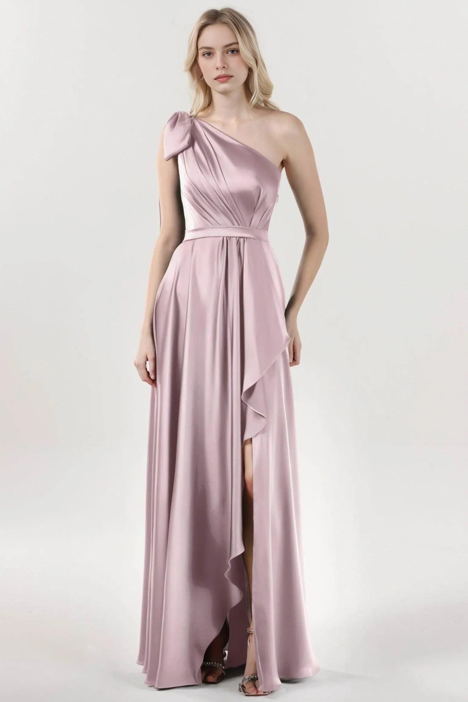 Polished A-Line One-Shoulder Satin Bow-Sash Evening Gown Formal Wedding Guest Dress