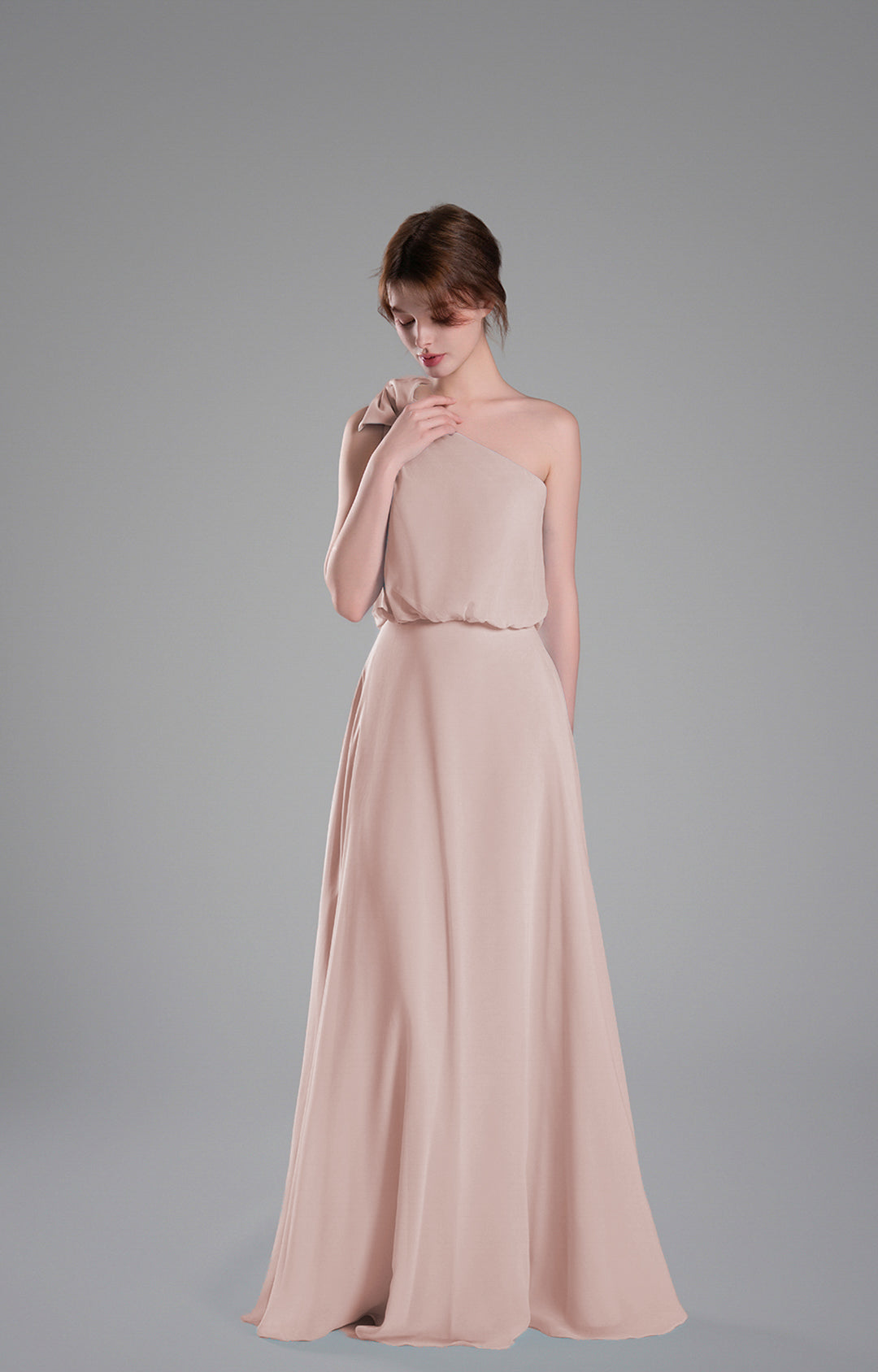 One-Shoulder Chiffon Bridesmaid Dress Flowy Floor-Length Evening Gown Bow Detail Flowing A-Line Dresses