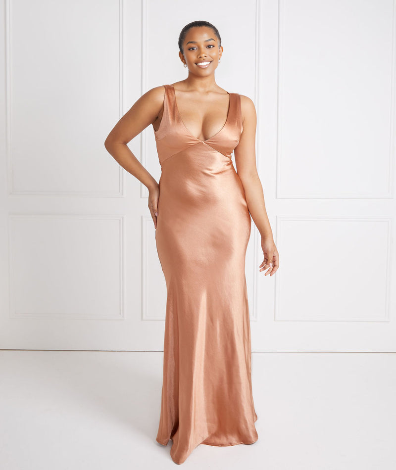 Women's Formal Satin Evening Gown with Deep V-Neckline Elegant Satin Wedding Guest Bridesmaid Dresses Maxi Dress