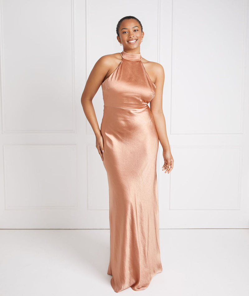 Halter Neck Satin Bridesmaid Dress Satin Column Gown with Keyhole Cutout Bohemian Wedding Evening Gown