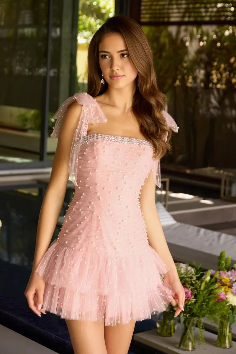 Pearl Embellished Tulle A-line Bow-Strap Tiered Ruffled Homecoming Dress Mini Party Dress