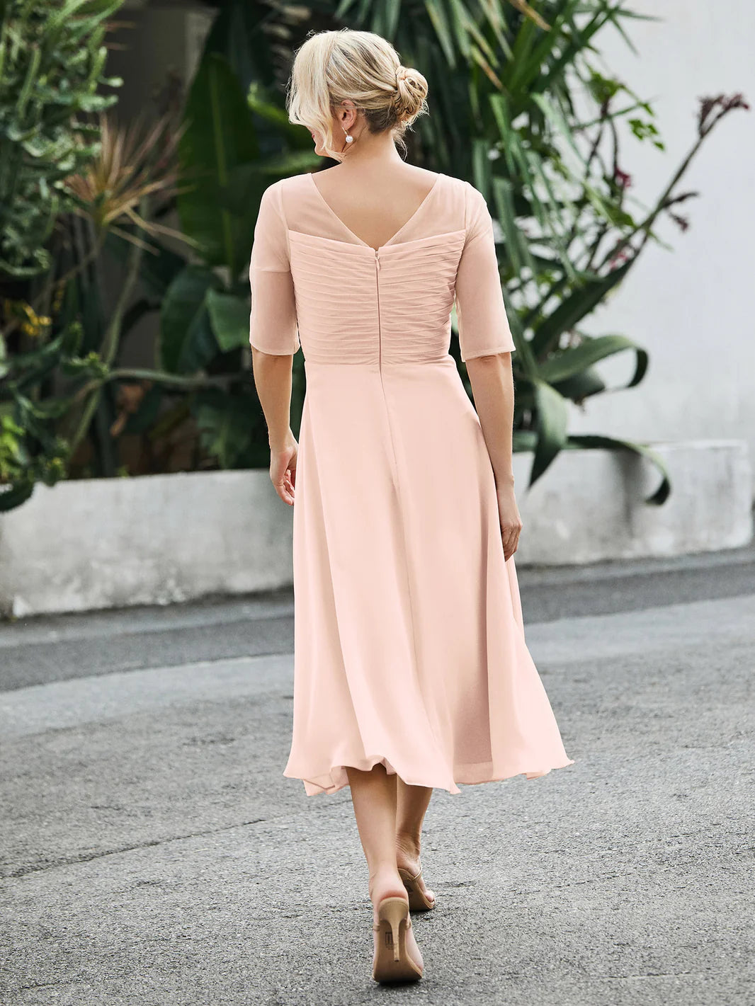 Midi Chiffon Mother of The Bride Dress, Illusion 3/4 Sleeve Ruched Bodice Tea Length Dress