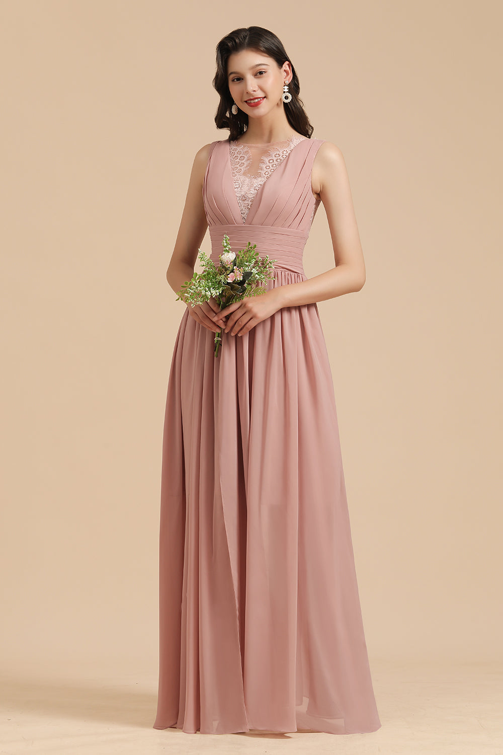Pearl Pink Elegant Long A-line Lace Sleevele Waistband Chiffon Floor length Bridesmaid Dresses