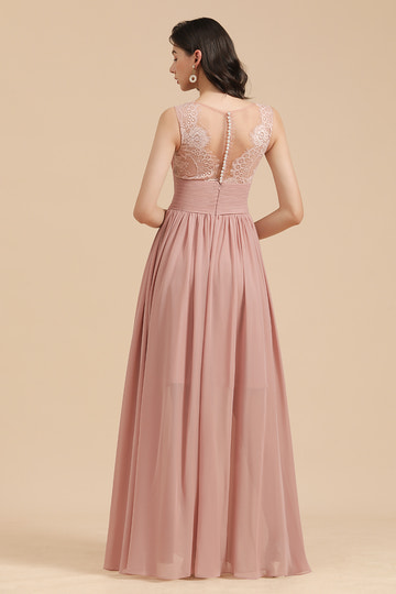 Pearl Pink Elegant Long A-line Lace Sleevele Waistband Chiffon Floor length Bridesmaid Dresses