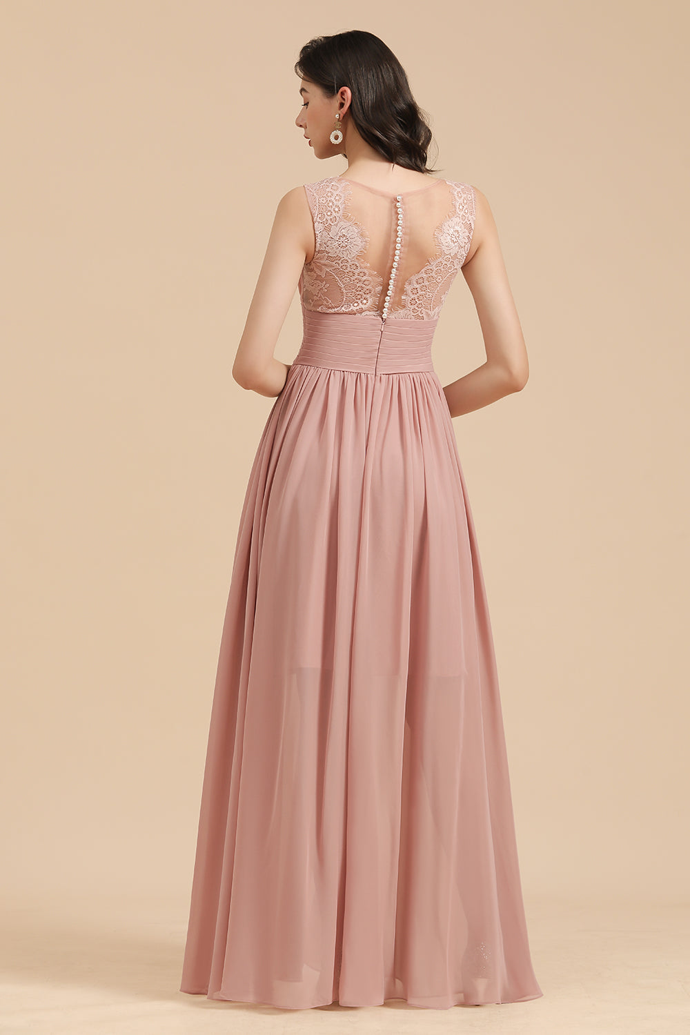 Pearl Pink Elegant Long A-line Lace Sleevele Waistband Chiffon Floor length Bridesmaid Dresses