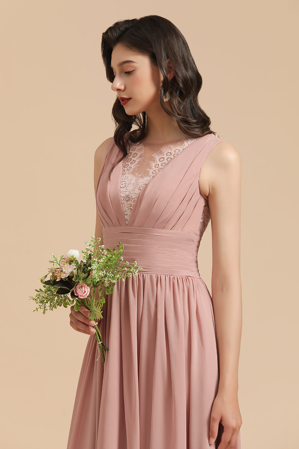 Pearl Pink Elegant Long A-line Lace Sleevele Waistband Chiffon Floor length Bridesmaid Dresses