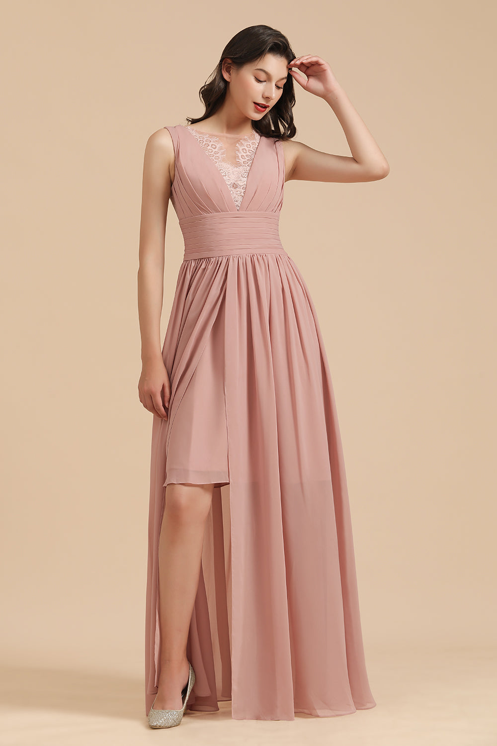 Pearl Pink Elegant Long A-line Lace Sleevele Waistband Chiffon Floor length Bridesmaid Dresses