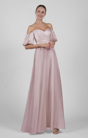Elegant Off Shoulder Satin Wedding Dress with Puff Sleeves Floor-Length Bridesmaid Maxi Dress