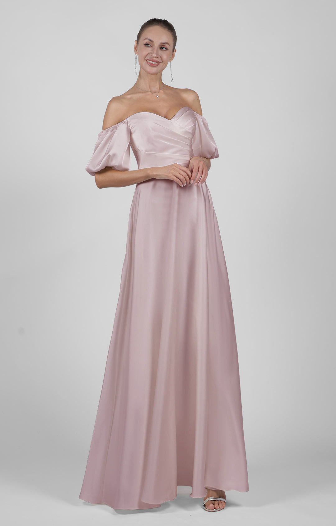 Elegant Off Shoulder Satin Wedding Dress with Puff Sleeves Floor-Length Bridesmaid Maxi Dress