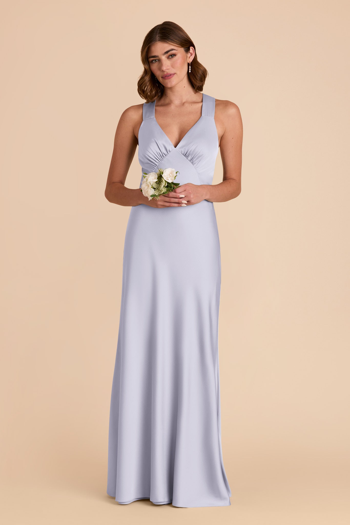 Women's Satin V-Neck Bridesmaid Dresses Maxi Dress with Crisscross Back Straps & Ruched Bust Formal Evening Gown