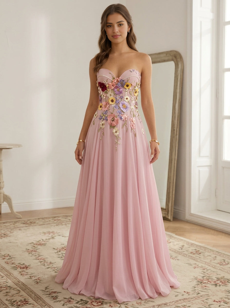 Vestido de Fiesta Largo con Escote Corazón, Tirantes Finos, Bordado Floral y Espalda Abierta, de Corte Princesa/A-Line y Estilo Romántico