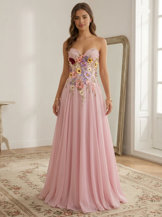 Romantic A-Line/Princess Straples Floral Embroidered Sweetheart Strapless Open Back Maxi Prom Dress