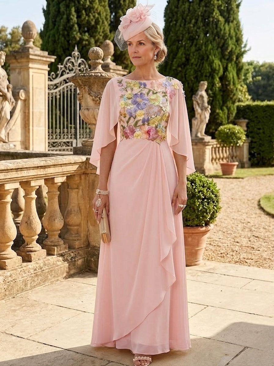 Elegant Scoop Chiffon Mother of the Bride Dresses Lace Floral Embroidered Round Neck Cape Sleeve Maxi Formal Gown