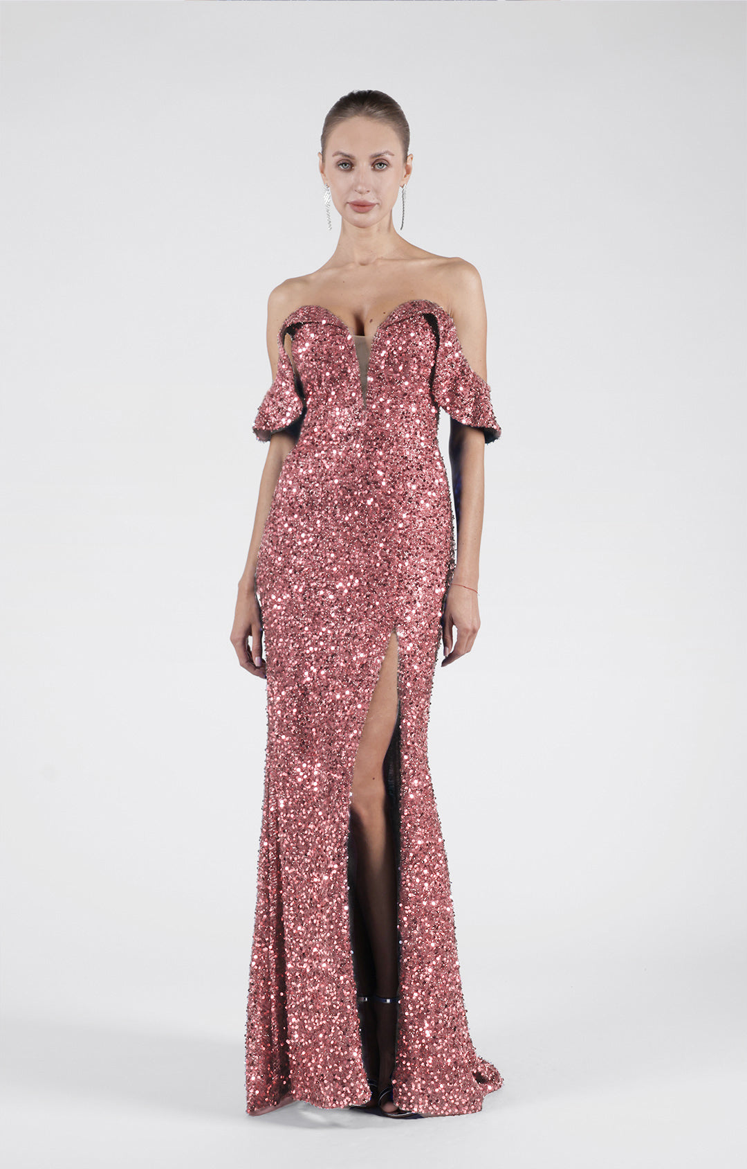Off-the-Shoulder Sequin Mermaid Gown with High Slit Formal Evening Dress