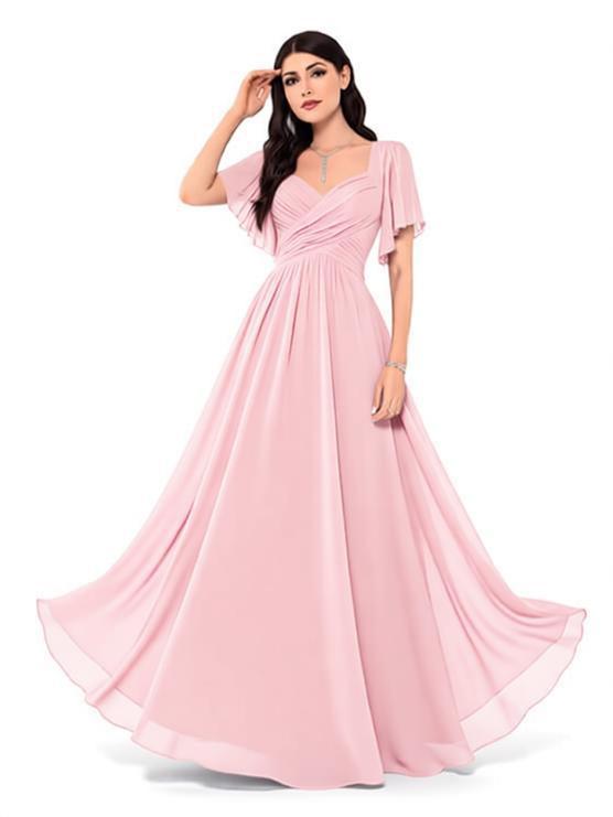 Square Neck Flutter Sleeve Chiffon Bridesmaid Dress - A-Line Floor Length Formal Evening Gown with Lace-Up Back for Wedding Guest & Party