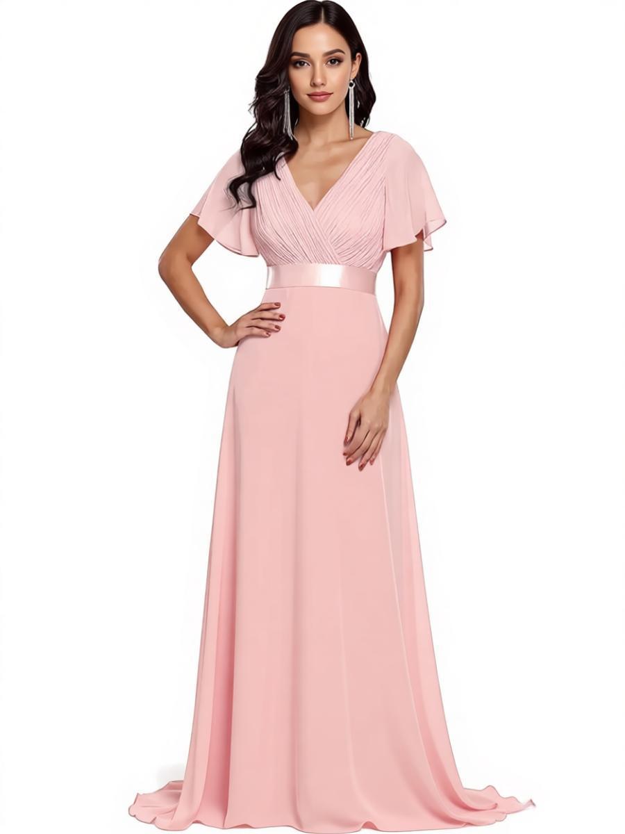 V-Neck Flutter Sleeve Chiffon Bridesmaid Dress - Floor-Length A-Line Formal Gown