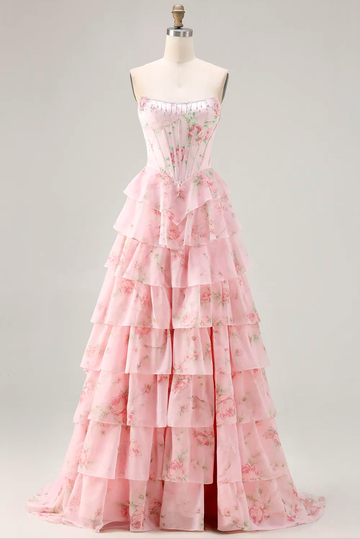 A-Line Princess Strapless Floral Print Ruffled Layered High Slit Corset Ruffled Long Prom Dress with Beaded Bodice