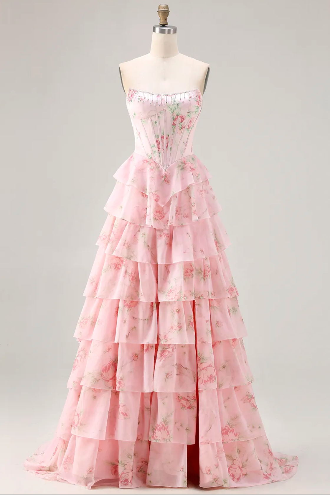 Vestido de Fiesta Largo con Corsé, Escote Corazón, Estampado Floral, Volantes en Capas, Abertura Alta y Corpino Bordado