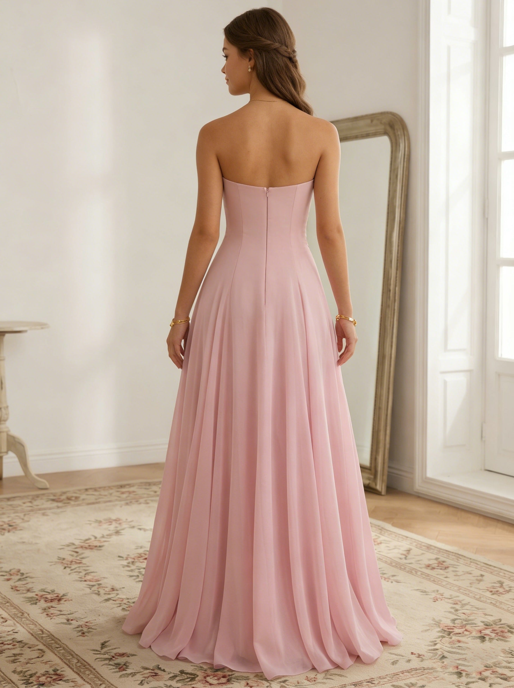 Vestido de Fiesta Largo con Escote Corazón, Tirantes Finos, Bordado Floral y Espalda Abierta, de Corte Princesa/A-Line y Estilo Romántico