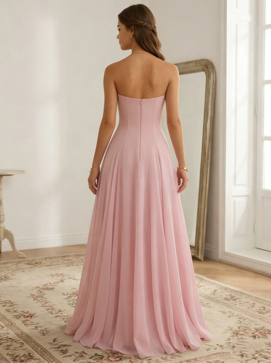 Romantic A-Line/Princess Straples Floral Embroidered Sweetheart Strapless Open Back Maxi Prom Dress