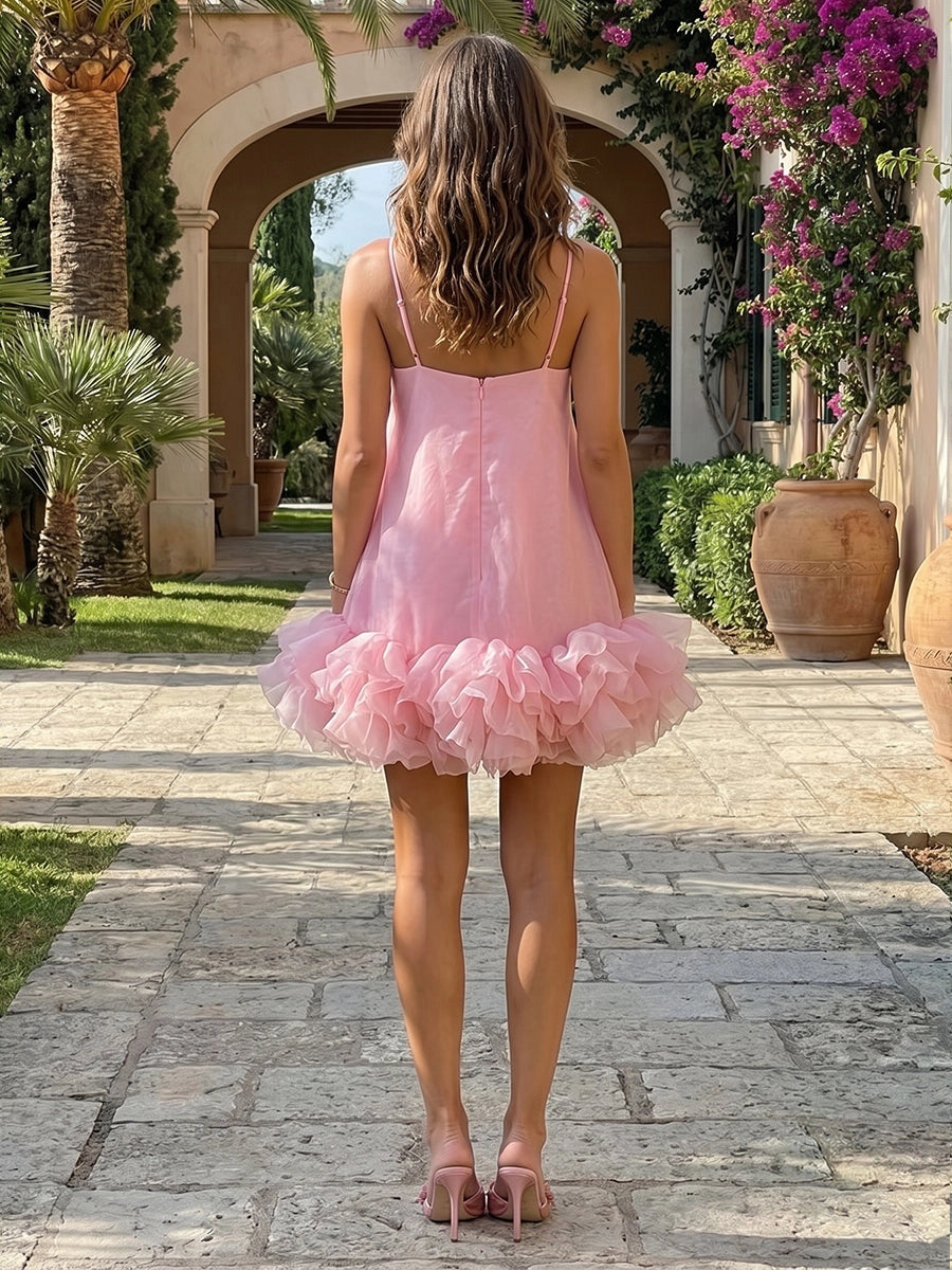 Pink A‑Line Halter‑Strap Sleeveless Zipper‑Back Short Ruffle Tulle Wedding Guest Dress