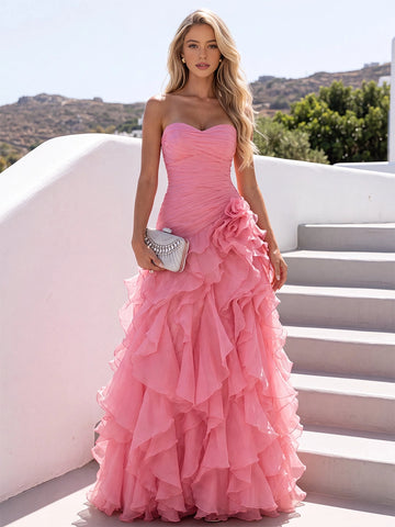 Vedress pink prom dress,front view strapless ruched bodice,side 3D floral applique,voluminous tiered ruffle chiffon skirt,white santorini‑style building background