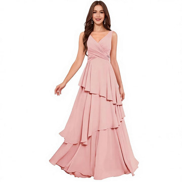 Tiered Chiffon Bridesmaid Dress with V-Neck & Lace-Up Back - Elegant Formal Gown for Weddings & Events