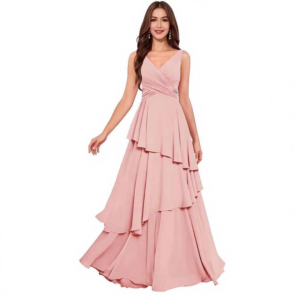 Tiered Chiffon Bridesmaid Dress with V-Neck & Lace-Up Back - Elegant Formal Gown for Weddings & Events