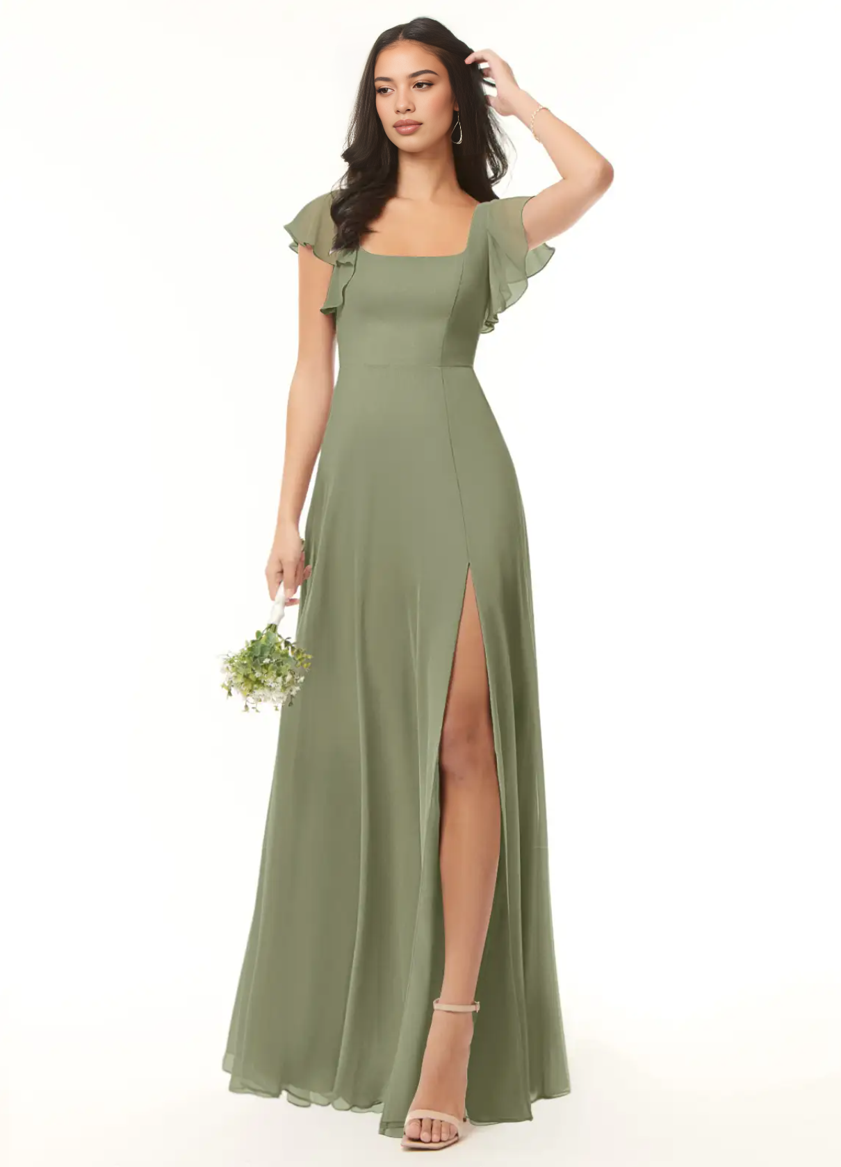 Elegant Square Neck Flutter Sleeve Maxi Dress with High Side Slit A-Line Formal Gown Bridesmaid Dresses