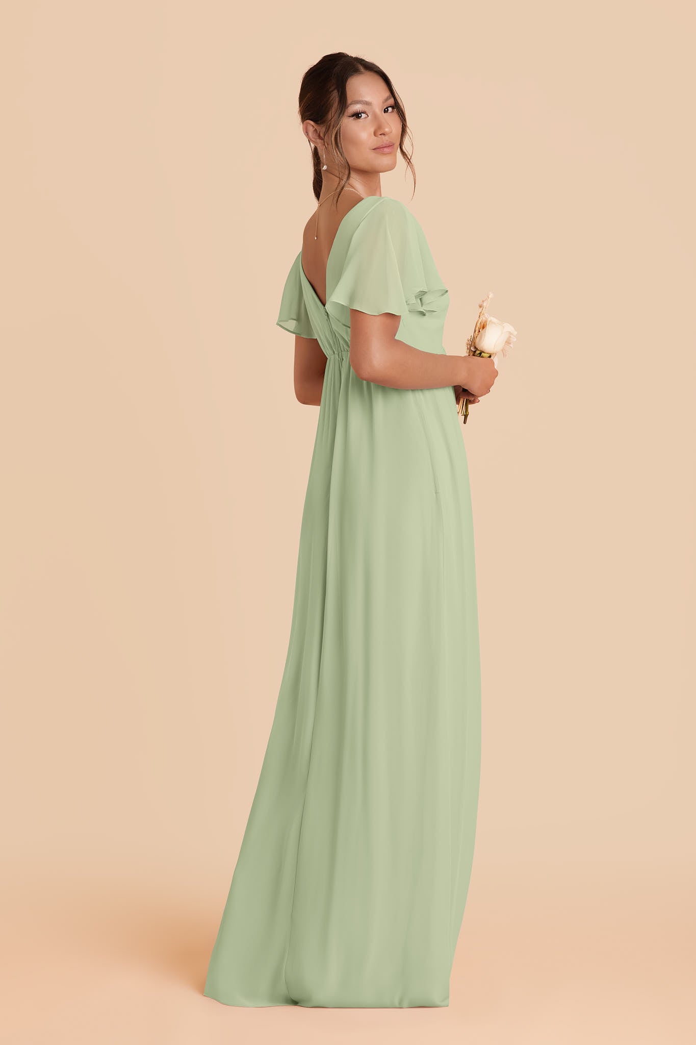 Women's V-Neck Flutter Sleeve Chiffon Bridesmaid Dresses Maxi Dress with Empire Waist & Side Slit Formal Evening Gown