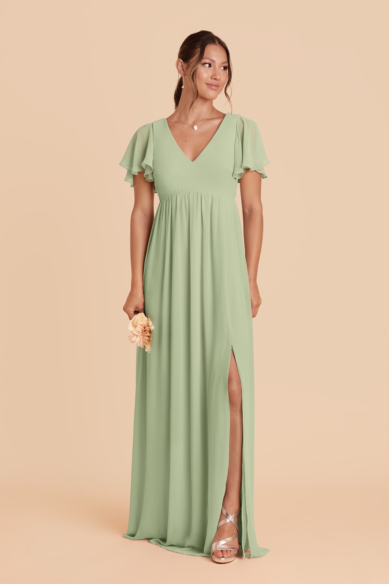 Women's V-Neck Flutter Sleeve Chiffon Bridesmaid Dresses Maxi Dress with Empire Waist & Side Slit Formal Evening Gown