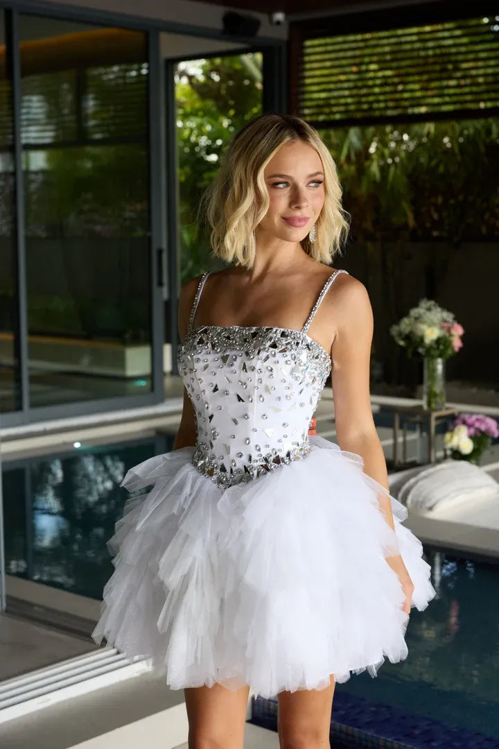 Playful A-Line Straight Sleeveless Tulle Short Crystal Homecoming Dress