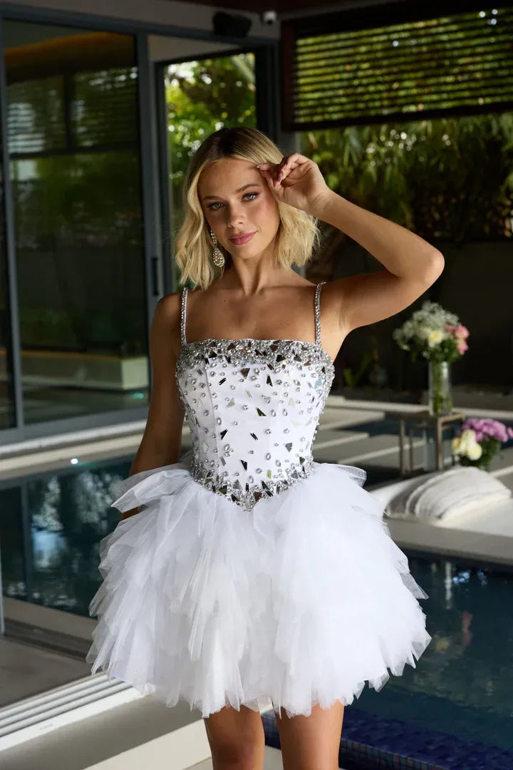 Playful A-Line Straight Sleeveless Tulle Short Crystal Homecoming Dress