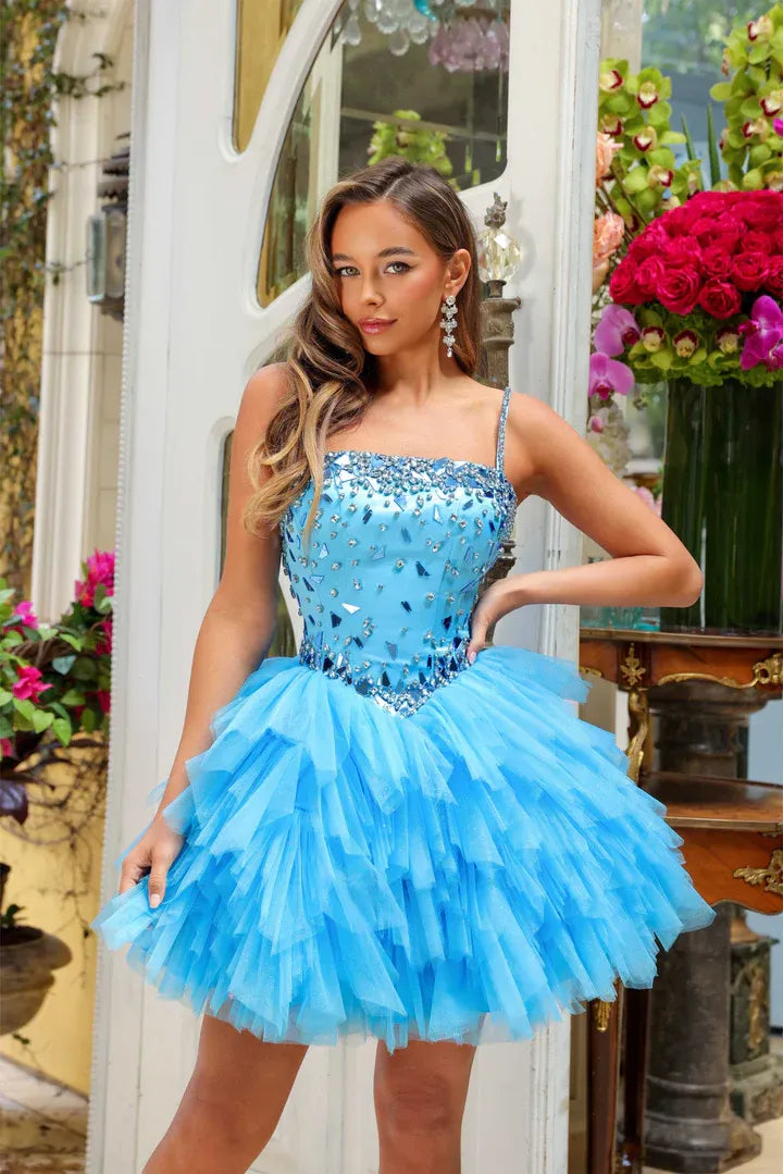 Playful A-Line Straight Sleeveless Tulle Short Crystal Homecoming Dress