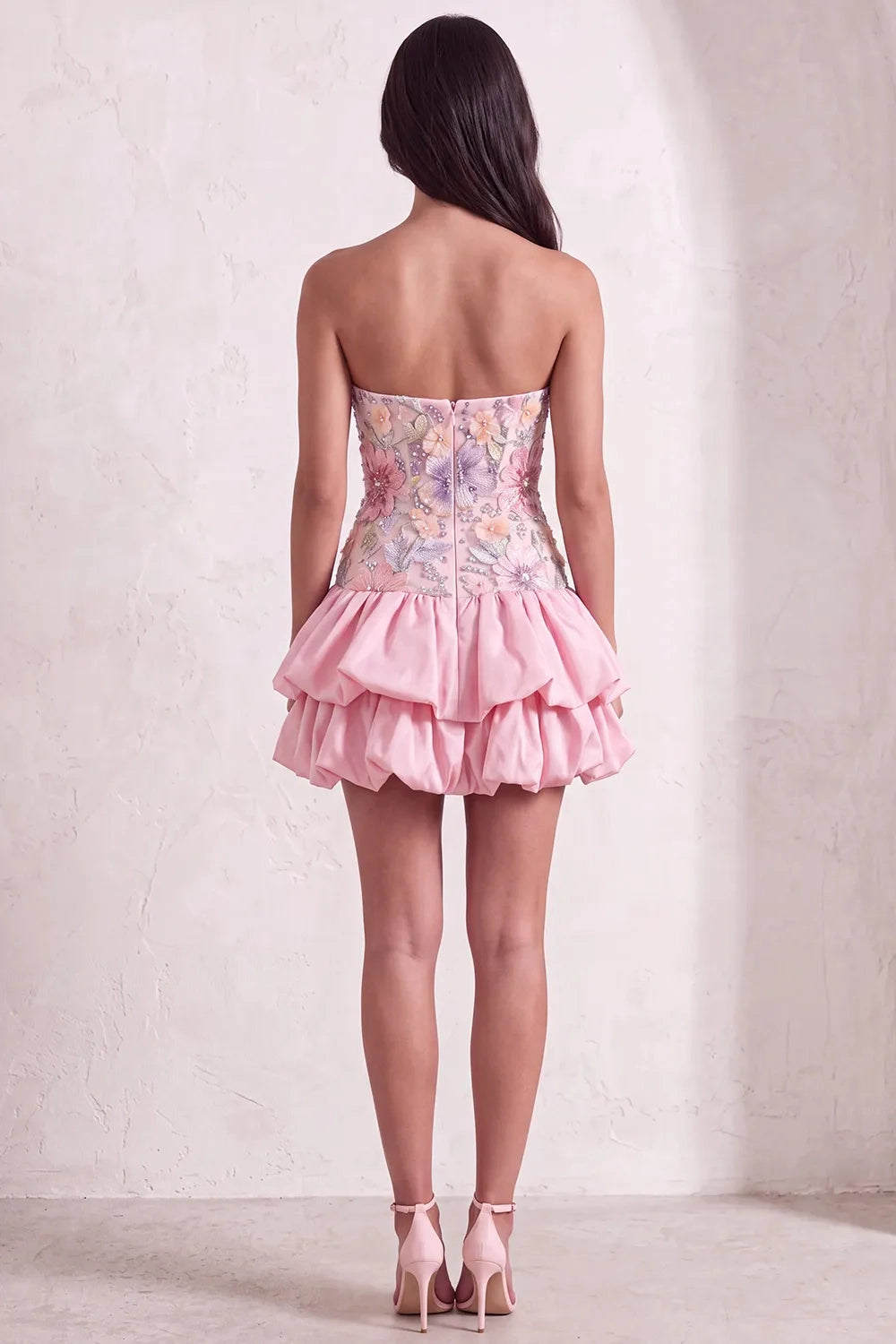 Vedress pink strapless homecoming dress, 3D floral beaded bodice, sleeveless open‑back, tiered bubble short skirt cocktail party gown