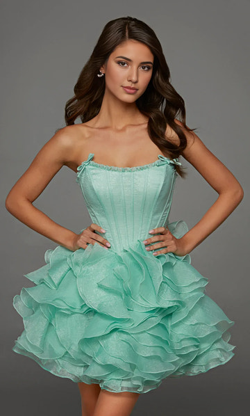 Playful A Line Strapless Sleeveless Organza Ruffled Bow Corset Mini Homecoming Dress