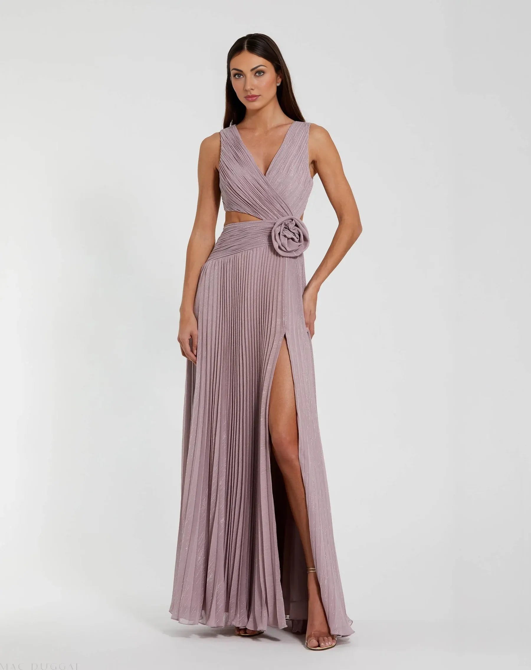 Pleated V-Neck Sleeveless Cutout High-Slit A-Line Wedding Guest Dress