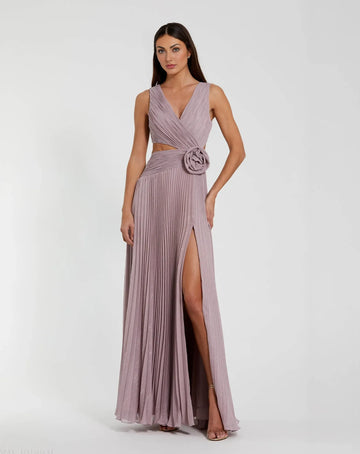 Pleated V-Neck Sleeveless Cutout High-Slit A-Line Wedding Guest Dress