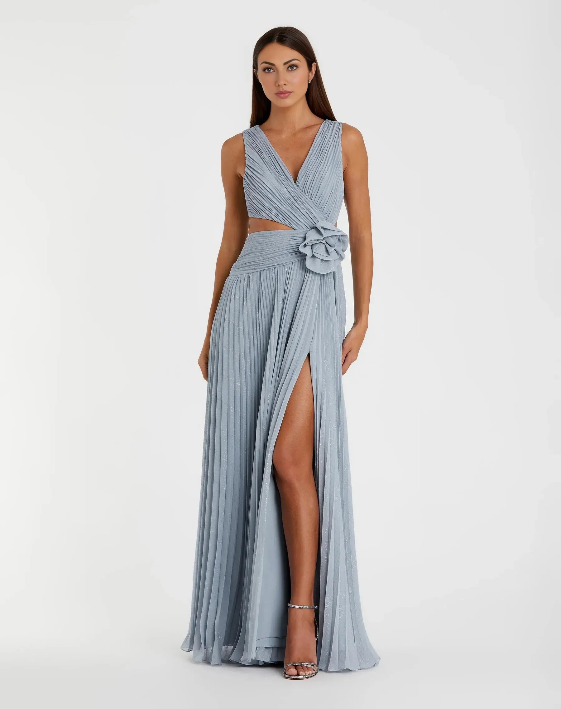Pleated V-Neck Sleeveless Cutout High-Slit A-Line Wedding Guest Dress