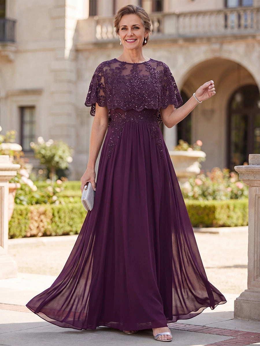 Vedress plum A‑line mother of the bride dress,round neck,sequin lace cape overlay,flowy chiffon skirt,floor length