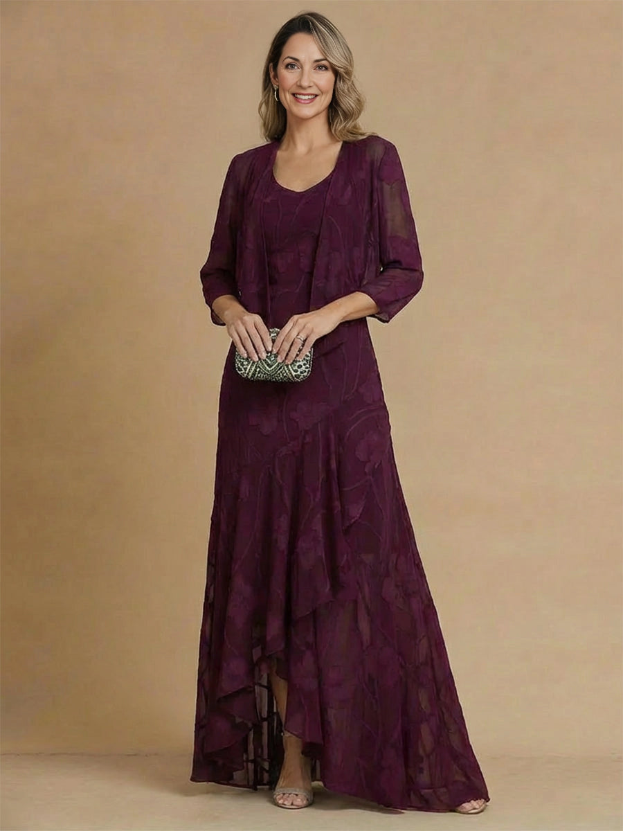 Vedress plum mother of the bride dress,front view scoop neck sleeveless gown,high‑low asymmetrical skirt,included sheer 3/4 sleeve chiffon jacket,plain studio background