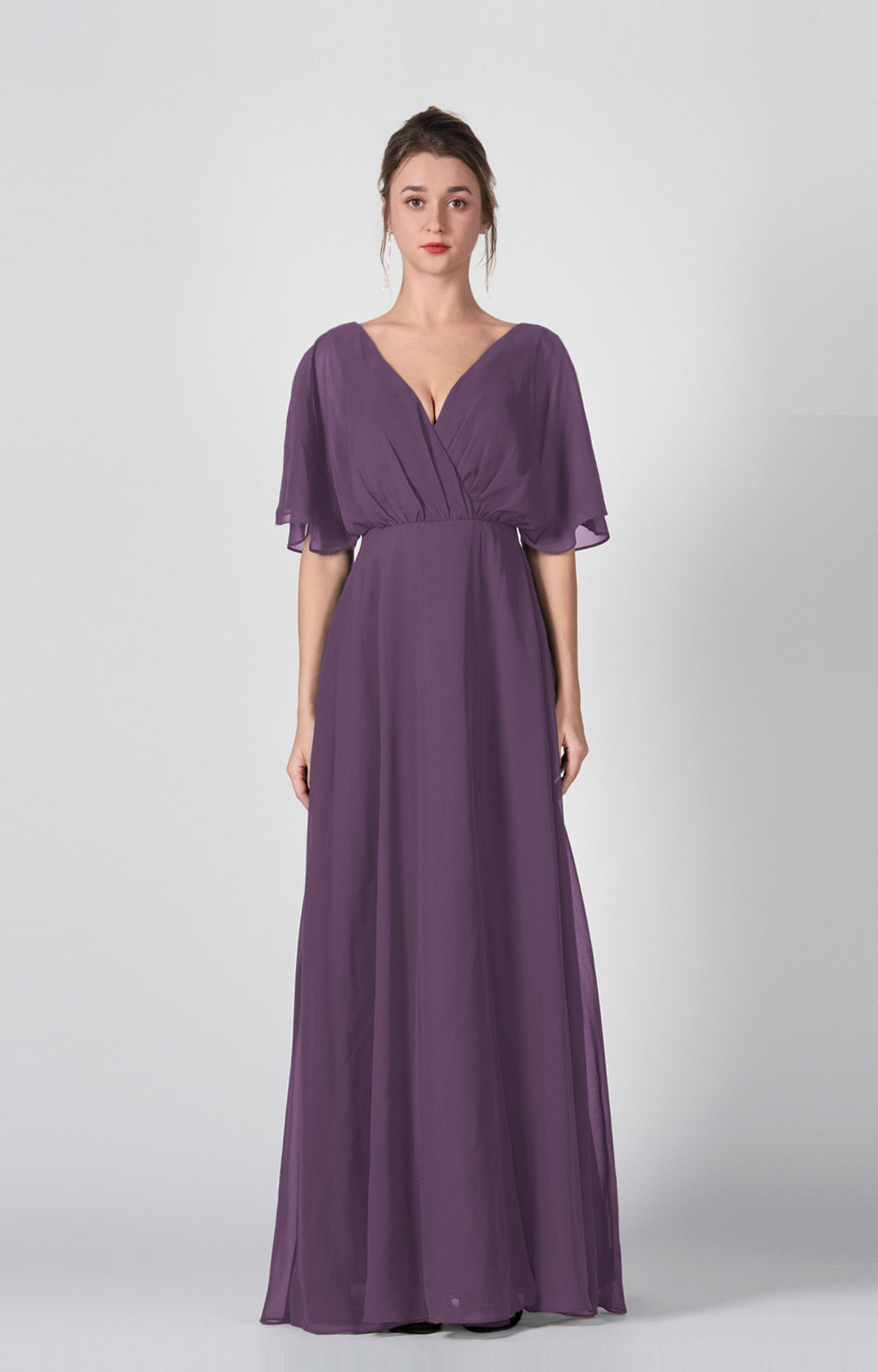 Women's Elegant Chiffon V-Neck Bridesmaid Dress Flutter Sleeves with Front Slit Formal Evening Gown