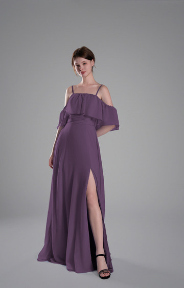 Elegant Off-the-Shoulder Chiffon Bridesmaid Dress with Ruffle Sleeves and Side Slit Floor-Length Evening Gown