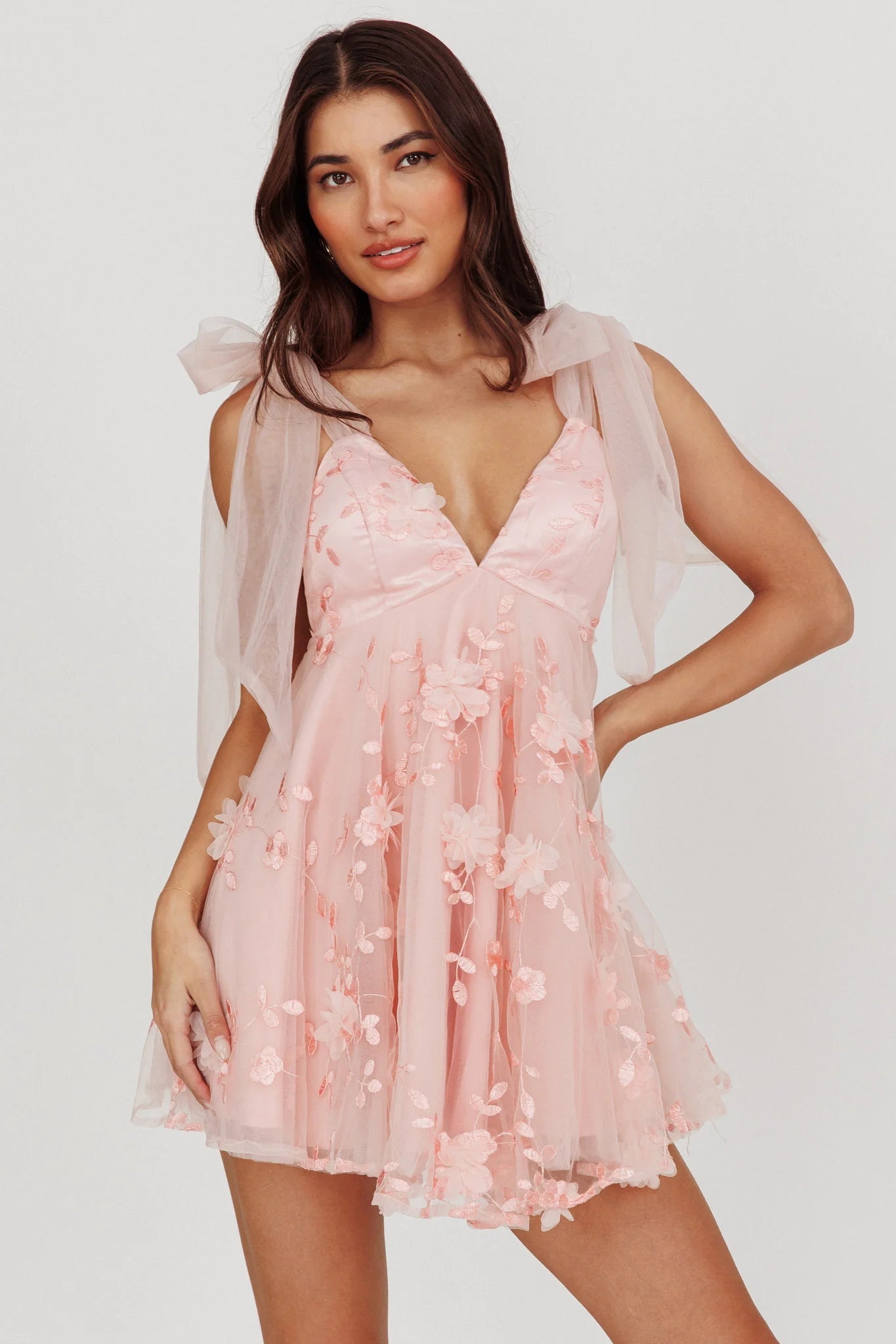 Cute A-line Plunge Neck Tulle Strap Mini Party Dress With 3D Floral Appliqué